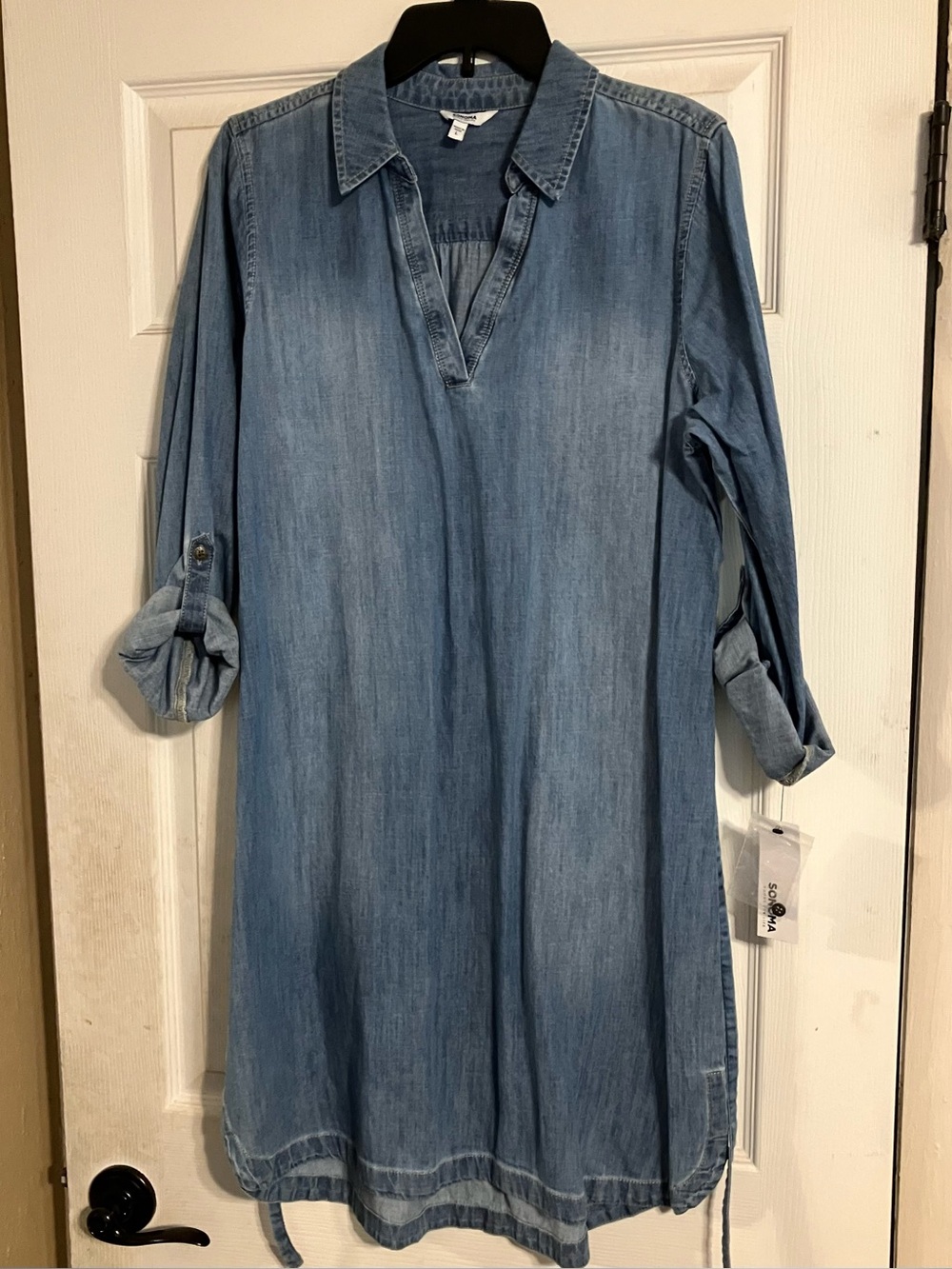 Sonoma NWT Tencel Chambray Shirt Dress L Blue Roll Tab Utility Coastal